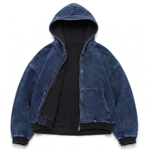 Sweat-shirt à capuche en jean bleu déchiré pour homme, coupe oversize, style streetwear, personnalisé, en molleton, décontracté et tendance - Product Image 1