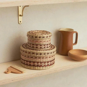 Seagrass Set of 2 Woven <b>Round</b> Natural Seagrass Storage <b>Basket</b> with Lid <b>Wicker</b> Hyacinth <b>Basket</b> Decorative Box Set for Home Decor - Product Image 2