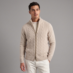 Suéter de punto trenzado a cuadros beige de poliéster Antom Enterprises 12GG para hombre, transpirable, de secado rápido, antipilling, 320g, con cremallera frontal, ideal para otoño (ODM) - Product Image 1