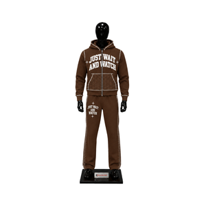 Ensemble de survêtement marron pour homme, sweat à capuche imprimé entièrement zippé et pantalon de survêtement évasé, ensemble deux pièces streetwear assorti, tenue de sport personnalisée en gros - Product Image 1
