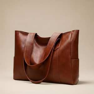 Sac fourre-tout décontracté minimaliste pour femme en cuir véritable, avec fermeture éclair, imperméable, grande capacité, sac à bandoulière quotidien, noir, marron - Product Image 2