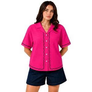 Blusa de algodón rosa intenso bordada para mujer, de manga corta, con botones, informal, de verano, con cuello y ribete negro, tops de moda OEM - Product Image 1