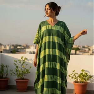 ผ้าคัฟตันโบฮีเมียนคุณภาพสูง เป็นมิตรกับสิ่งแวดล้อม ผ้าฝ้ายแท้ 100% ลายมัดย้อม แต่งลูกไม้ เอวยางยืด แขนยาว ระบายอากาศได้ดี - Product Image 1