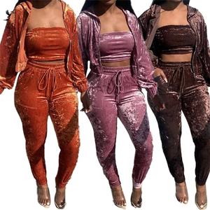 Conjunto de 3 piezas de chándal de terciopelo para mujer, Top corto personalizado, pantalones largos, chándal para correr, chándales informales - Product Image 4