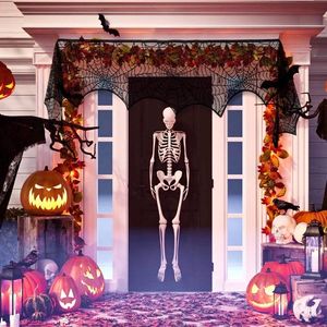 2pcs Halloween Mantle Scarf 96"x18" Soft Anti-Crease Black Lace with Spider Web & Bat Design Halloween Decorations - Product Image 2