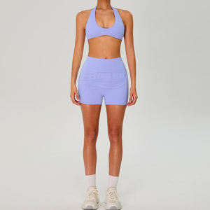 Ensemble 2 pièces sans couture pour femme : short de yoga taille haute et brassière de sport à dos nu, taille élastique, extensible, respirant et séchage rapide - Product Image 5