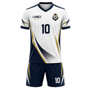 Ensemble d'uniformes de football blanc et marine de qualité supérieure avec accents dorés, kit de football respirant en polyester avec design personnalisé numéro 10 pour équipe - Product Image 1