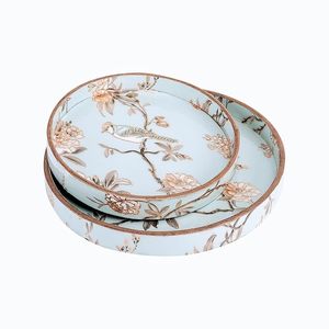 Plateau décoratif rond moderne de luxe en bois d'ingénierie à motif floral avec poignée, multifonctionnel, pour service de mariage et repas festifs à la maison - Product Image 6