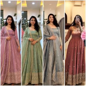 Luxury Crunchy Silk Embroidered <b>Sequin</b> Work Gown Set with <b>Pant</b> and Dupatta for Women Festive Party Wear Wedding Ethnic Outfit - Product Image 2