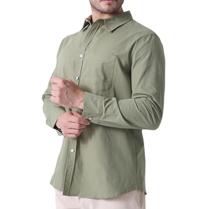 Chemise en lin vert pour homme, manches longues, couleur unie, col rabattu, style décontracté avec poches, respirante, coupe classique - Product Image 6