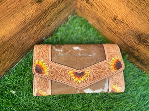 Hot Selling Handmade Tooled Carving Cowhide Fur Leather Wallet Snap Button <b>Phone</b> Case Clutch <b>For</b> Women Daily Use <b>Office</b> Shopping - Product Image 4