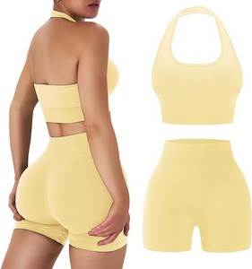 Women's Yellow Two Piece Yoga Set Strapless Halter Crop <b>Top</b> High Waist Shorts <b>Stitch</b> Quick Dry Breathable Seamless Sportswear - Product Image 2