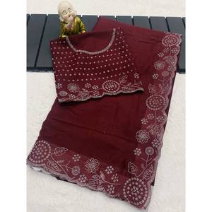 ATTRACTIVE GEORGETTE SILK SIROSKI WORK <b>SAREE</b> WITH UNSTITCHED BLOUSE <b>MAROON</b> - Product Image 1