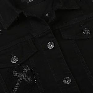 WATZY SPORTS Veste en jean noire pour homme, motif lettres, col rabattu, coupe droite, simple boutonnage, coton respirant, style urbain - Product Image 6