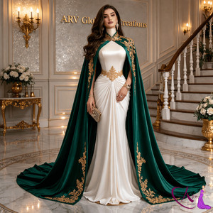 Elegante Vestido de Sirena Blanco con Capa Bordada en Verde Esmeralda |   Vestido de noche de diseñador de lujo con cuello alto para eventos de gala - Product Image 5