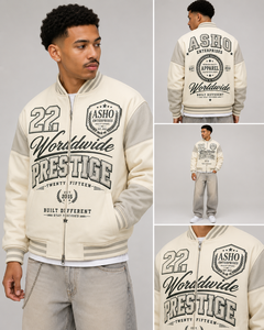 Blouson universitaire unisexe en velours côtelé PU, design unique, beige, manches contrastantes, fermeture éclair frontale, patchs décoratifs, logo Prestige mondial, hiver - Product Image 4