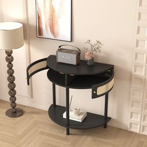 Elegante Consolle a Mezzaluna con Anta Scorrevole in Rattan, Unica Consolle da Ingresso con 2 Vani Contenitori - Product Image 3