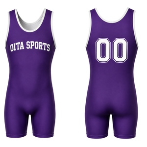 Combinaison de lutte sublimée pour homme, violet et noir, en polyester, sans manches, pour entraînement, compétition et matchs - Product Image 1