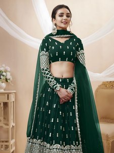 Robe de soirée en georgette verte à paillettes, brodée, avec chemisier fleuri et jupe plissée pour banquet - Product Image 2