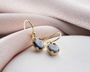 Mystic Topaz <b>Earrings</b> Oval Cut Rainbow CZ Gemstones 925 Sterling Silver 14K <b>Gold</b> Plated Iridescent Drop <b>Dangles</b> Anniversary Gift - Product Image 4