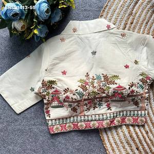 Chemise élégante en coton Khadi avec motif floral-arbre-animal brodé multi-fils, col halter, mode féminine - Product Image 3