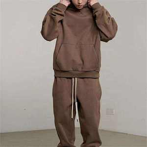 Ensemble de survêtement décontracté d'hiver avec logo personnalisé, pantalon de jogging droit et sweat à capuche, coupe-vent respirant uni pour la course - Product Image 2