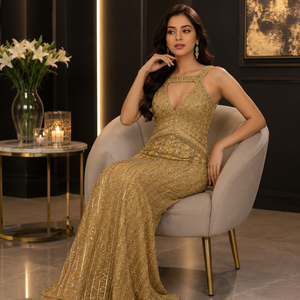 Luxury Gold Beaded Evening Gown for Women Sleeveless <b>Sequin</b> Maxi Dress Elegant Formal Party Wear Wedding Reception Prom Dress - Product Image 4