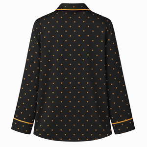 NCBW Sorority Women's <b>Black</b> Heart Print <b>Pajama</b> <b>Set</b> Button Front Long Sleeve Notched Collar Soft Contrast Piping Lounge PJs - Product Image 3