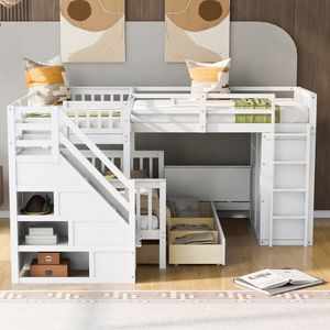 White Twin Over Full L Shaped Bunk <b>Bed</b> with <b>Portable</b> Desk and Wardrobe 3 Drawers-Kids' Furniture Set (OLD SKU LT000542AAK) - Product Image 2