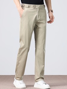 <b>Men's</b> <b>Khaki</b> Cotton Casual Pants Wide Leg Straight Fit Mid Waist Drawstring Closure Anti-Wrinkle Oxford Fabric Lightweight - Product Image 4