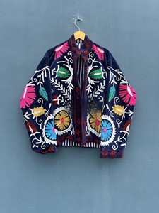 Handcrafted Premium Navy Blue Velvet Suzani Embroidered Jacket For Women Soft Velvet Fabric Full Sleeves Mandarin Collar Jacket - Product Image 3