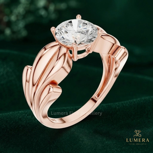 <b>Nature</b> <b>Inspired</b> Round Lab Grown Diamond <b>Ring</b> With Organic Petal Shank And Elegant Center Stone Prong Setting <b>Ring</b> For Women - Product Image 3