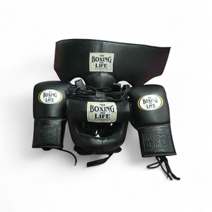Ensemble personnalisable No Boxing No Life pour les arts martiaux et le fitness, comprenant des gants de boxe en cuir de haute qualité, un protège-tête et un protège-guêtres. - Product Image 1