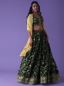 Green Traditional A-Line Floral Bridal Lehenga Set Zari Embroidered Georgette Dupatta <b>Wedding</b> Party Dress for <b>Women</b> - Product Image 3