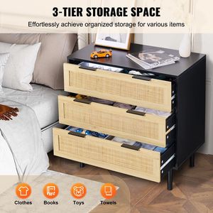 Comò Moderno a 3 Cassetti in Rattan, Cassettiera in Legno Naturale, Organizzatore per Vestiti con Stile Boho per Applicazioni in Seminterrato - Product Image 3