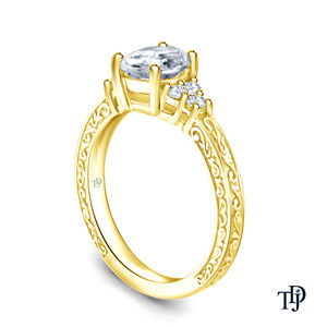 Bague de fiançailles en or 10K ornée d'un motif gravé en spirale, trio de diamants de laboratoire, design vintage complexe avec centre rond, OEM - Product Image 5