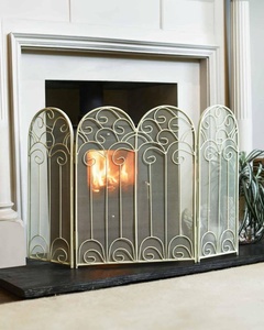 Ivory Scroll Arch Metal Fireplace <b>Screen</b> Four Panel Folding Spark Guard Decorative Mesh Hearth Safety <b>Protector</b> - Product Image 1