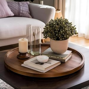 Round Natural Wood Handcrafted Fruit Serving Tray with Plant & Floral Pattern Movable <b>Rustic</b> Design for Kitchen Dining Room Use - Product Image 3