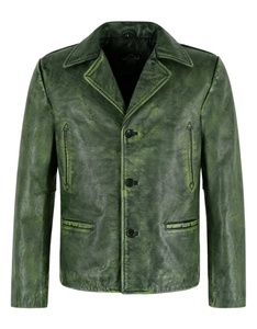 Veste en cuir véritable verte pour homme, col rabattu, simple boutonnage, style décontracté automne, coupe classique - Product Image 1