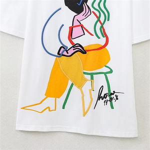 Women's White O-Neck Short Sleeve T-Shirt With Hand <b>Drawn</b> Abstract <b>Art</b> Embroidery Loose Fit Casual Style All Seasons Wear - Product Image 4