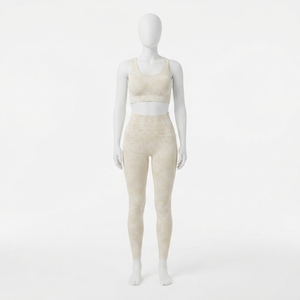 Women <b>Cream</b> Beige Acid Wash Yoga Set Sports Bra High Waist <b>Leggings</b> Gym Fitness Workout Activewear - Product Image 3