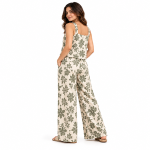 Conjunto de Salón para Mujer al por Mayor con Estampado Floral de Primavera, Top sin Mangas, Pantalones de Pierna Ancha, Cintura Elástica, Tela de Rayón, Personalizado OEM/ODM - Product Image 4