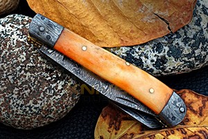 Handmade Stainless Double Blade Damascus Drop Point Folding Pocket <b>Knife</b> <b>Bone</b> <b>Handle</b> DIY OEM EDC Hunting Camping Outdoor <b>Knife</b> - Product Image 5