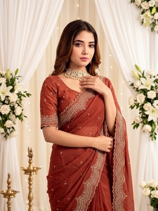 Elegant <b>Red</b> Georgette <b>Saree</b> Embroidered Border Sun Protection Wedding Occasion Women Traditional Floor-Length India Pakistan - Product Image 2