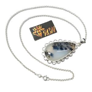 Collar de Plata de Ley 925 con Colgante de Ópalo Dendrítico Natural en Forma de Pera con Diseño Floral Moderno Unisex - Product Image 1