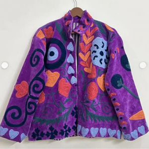 Purple Indian Style Suzani <b>Velvet</b> Embroidery Jacket |Unisex Bridesmaid Gift | Winter Jacket | Kimono Robe - Product Image 3