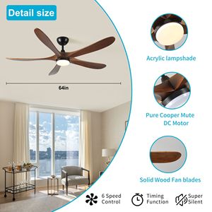 Ventilatore da Soffitto LED in Legno Massello da 62 Pollici con Telecomando, Motore DC Moderno, 5 Pale per Interni/Esterni, Ideale per Patii e Camere da Letto - Product Image 2