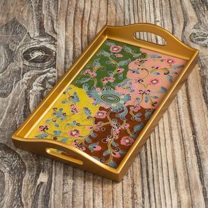 Plateau de service en bois de style Pichwai traditionnel, plateau décoratif vintage à motifs floraux pour table basse, plateau artisanal en bois - Product Image 4