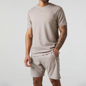 Ensemble deux pièces décontracté pour homme, gris clair, tricoté 100 % coton, respirant, écologique, sans couture, avec poche avant unie - Product Image 1