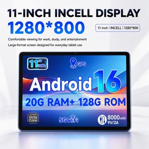 Tablette Android 16 portable 11 pouces avec chargeur rapide, écran Incell, processeur Octa Core T620 2.2GHz, 20GB+128GB, batterie 8000mAh, WiFi 5G - Product Image 5